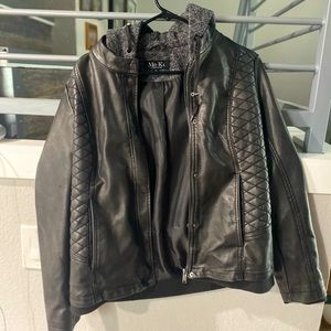 Median Knit Hood Faux Lather Jacket